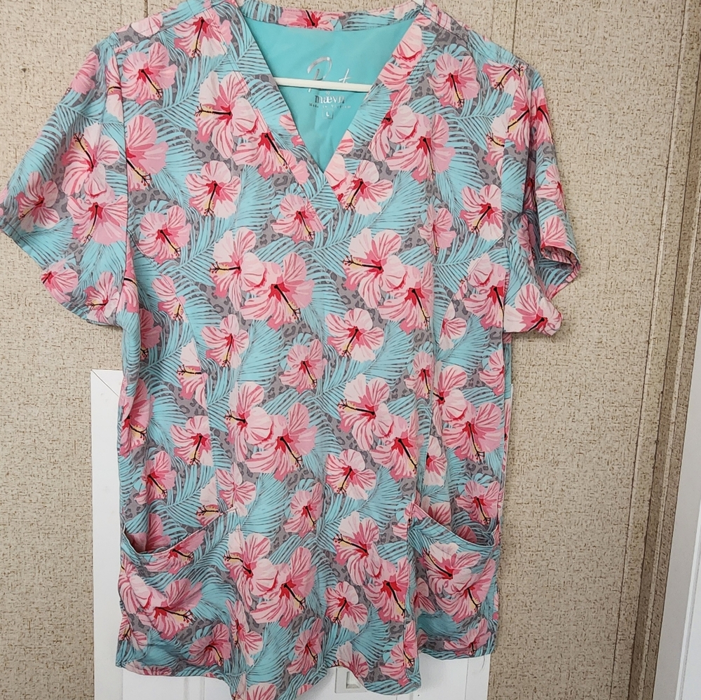 Tropical floral and leopard print scrub top